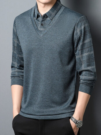 Men’s Long-sleeved Middle-aged And Elderly Clothing Fake Two-piece T-shirts