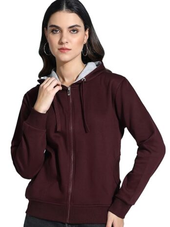 Alan Jones Clothing Women’s Solid Zipper Hooded Sweatshirt | Front Zip, Ribbed Hem, Lined Hood, Casual Winter Wear