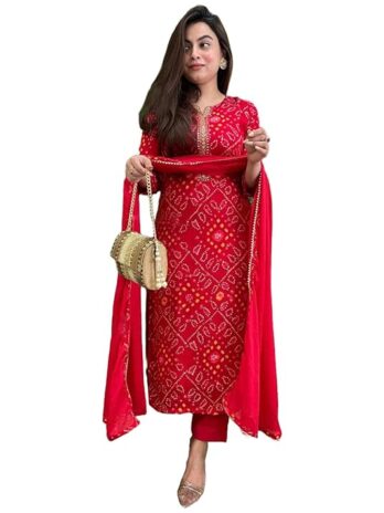 GoSriKi Women’s Rayon Viscose Straight Bandhej Printed Kurta with Pant & Dupatta