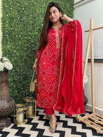 GoSriKi Women’s Rayon Viscose Straight Bandhej Printed Kurta with Pant & Dupatta