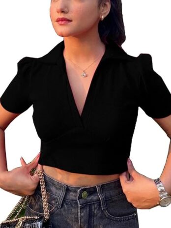 Istyle Can Solid V-Neck Collar, Short Sleeve, Slim Fit Ribbed Women’s & Girls Crop Top