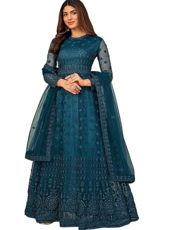 Divine International Trading Co Women’s Net with Heavy Embroidery Work Long Anarkali