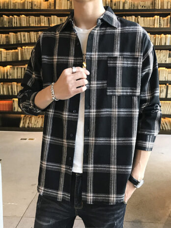 Casual Men’s Shirt Long Sleeve Shirt Black Plaid Top Shirt