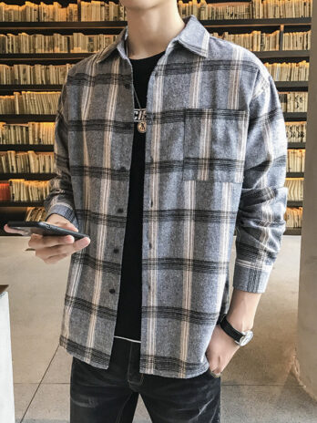 Casual Men’s Shirt Long Sleeve Shirt Black Plaid Top Shirt