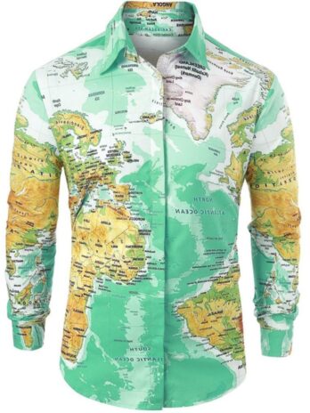 Men Shirt World Map Print HiddenG Button Slim Fit Shirts