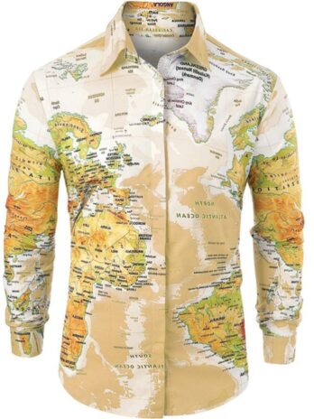 Men Shirt World Map Print HiddenG Button Slim Fit Shirts