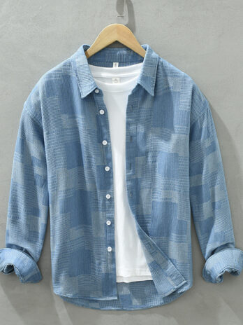 Jacquard Color Matching Casual Denim Long-sleeved Shirt Men’s Loose Shirt Coat