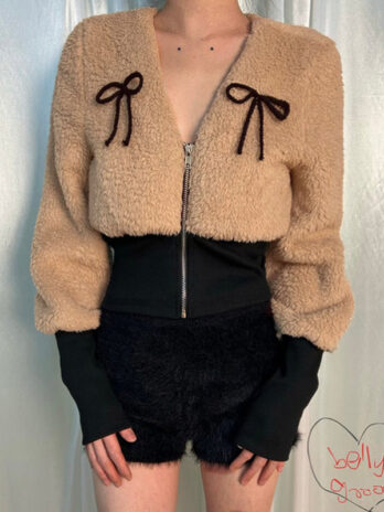 Bow-tie V-neck Long-sleeve Lambswool Belted Slim-fit Coat