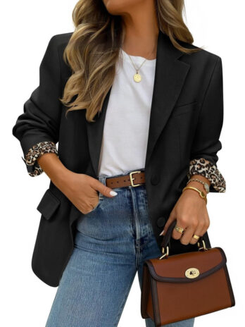 Womens Solid-Color Cuff Contrasting Leopard-Print Lapel Fashion Jacket