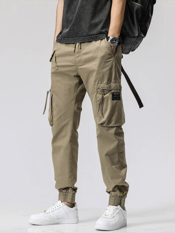Casual Pants Trendy Brand Elastic Waist Men’s Youth Simple Pure Cotton Multi-pocket Work Pants Trousers Ankle-tied
