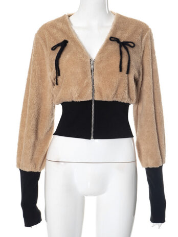 Bow-tie V-neck Long-sleeve Lambswool Belted Slim-fit Coat