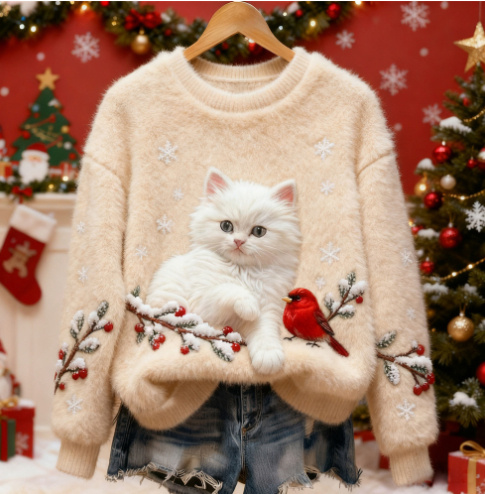 3D Digital Printed Flannel Christmas Women's Crew-Neck Sweater - Image 3