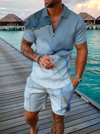 Men’s Summer Fashion 3D Printed Short Sleeve Geometric Zip Lapel Shirt Set