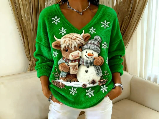 Fashionable Digital-Printed Christmas Women's V-Neck Sweater - Image 6