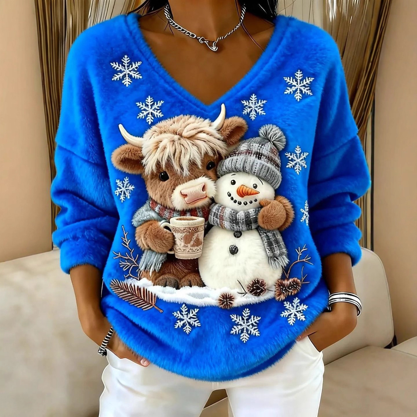 Fashionable Digital-Printed Christmas Women's V-Neck Sweater - Image 4