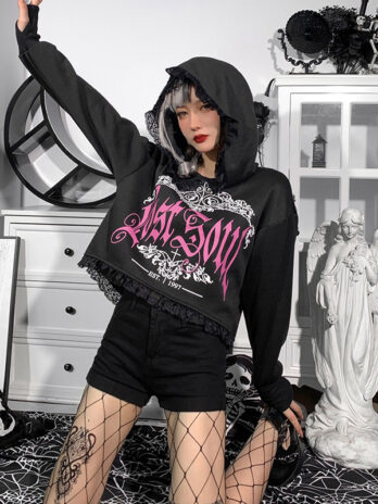 Women’s Dark Style Lace Hooded Trendy Printed Sweatshirt
