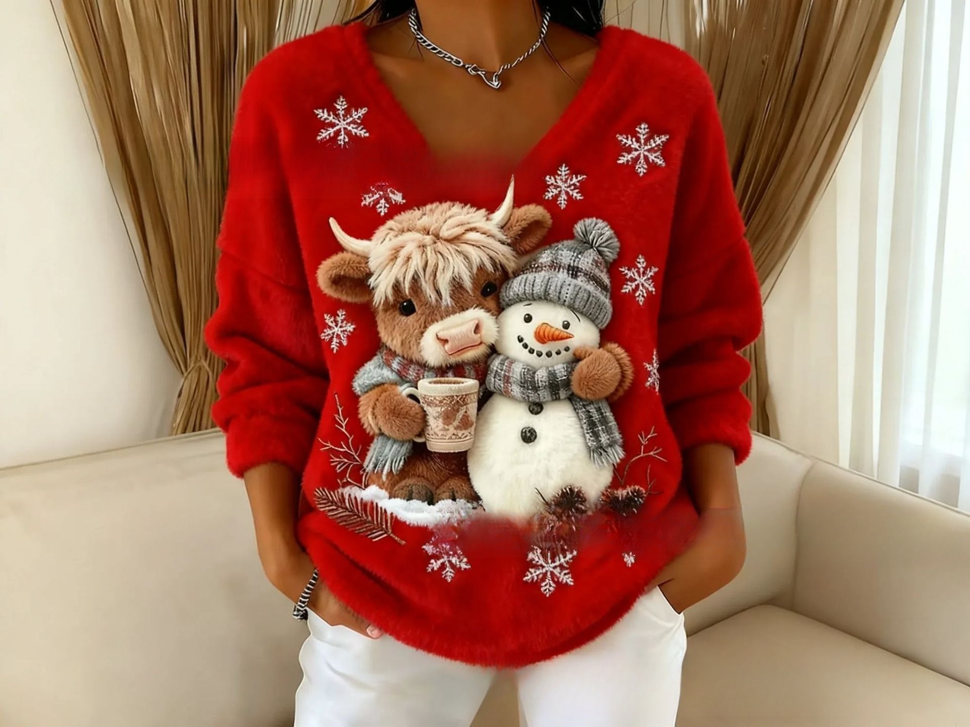 Fashionable Digital-Printed Christmas Women's V-Neck Sweater - Image 5