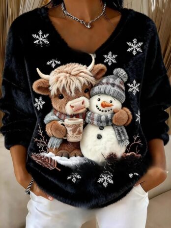 Fashionable Digital-Printed Christmas Women’s V-Neck Sweater